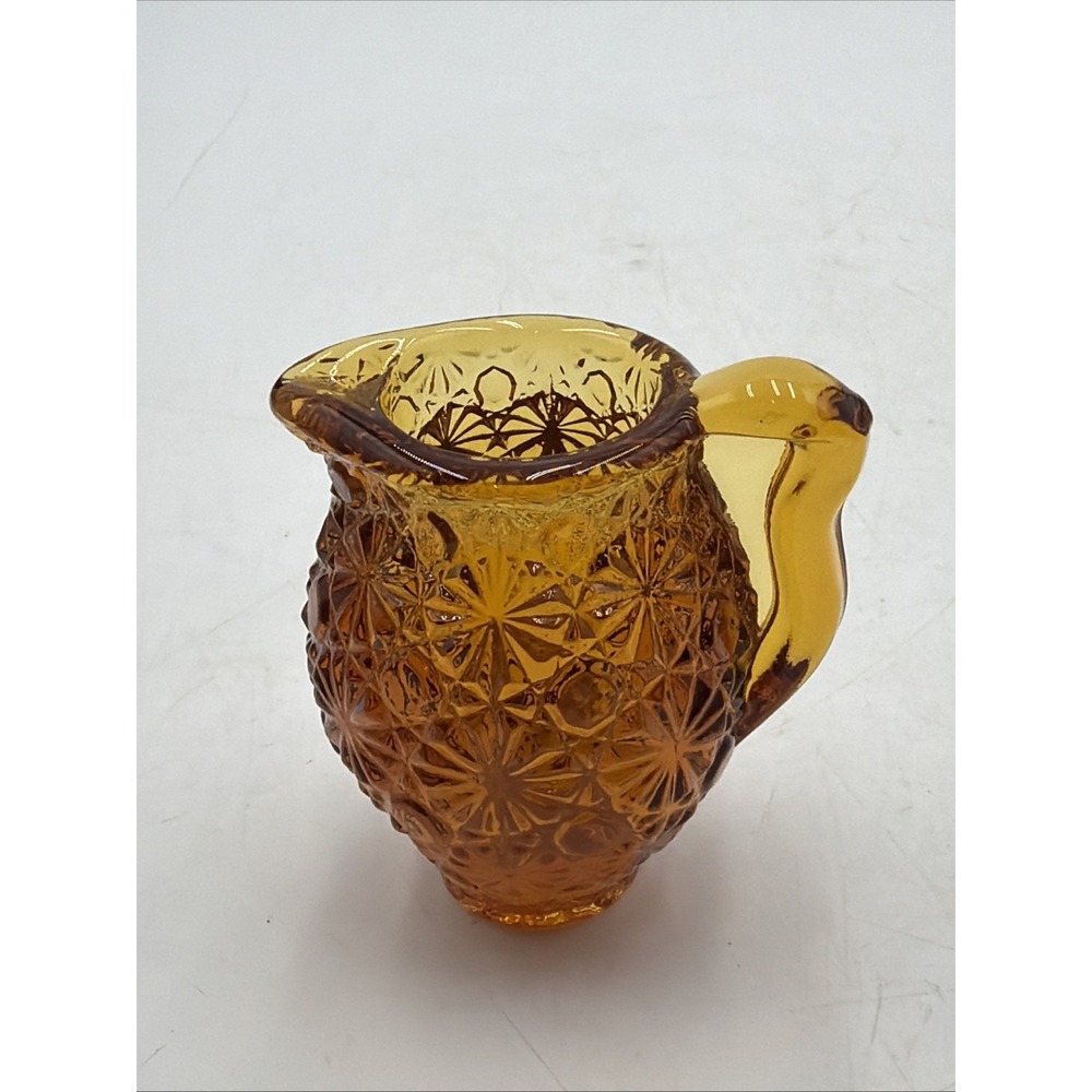 Vintage LE Smith Daisy & Button Amber Glass Miniature Pitcher / Toothpick Holder